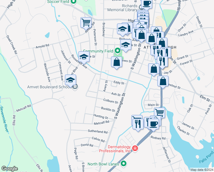 map of restaurants, bars, coffee shops, grocery stores, and more near 54 Eddy Street in North Attleborough