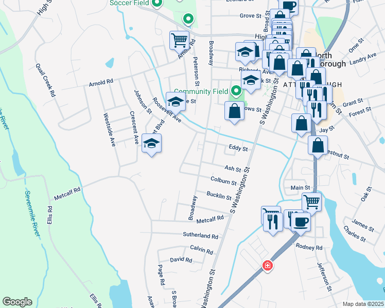 map of restaurants, bars, coffee shops, grocery stores, and more near 70 80 Broadway in North Attleborough