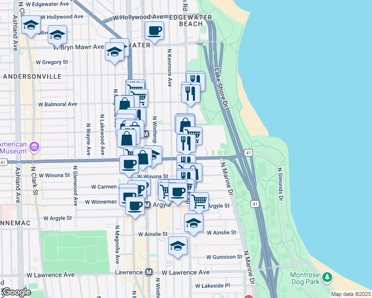 map of restaurants, bars, coffee shops, grocery stores, and more near 5201 North Sheridan Road in Chicago