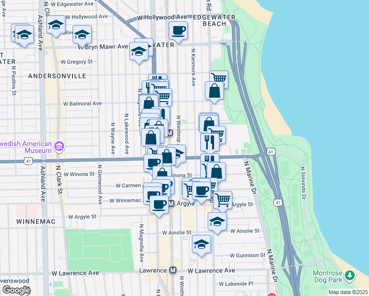 map of restaurants, bars, coffee shops, grocery stores, and more near 5236 North Kenmore Avenue in Chicago