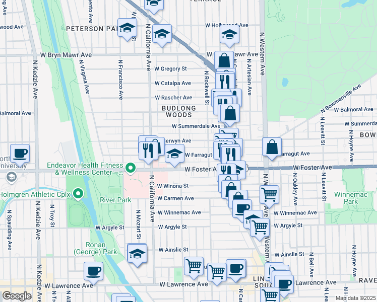 map of restaurants, bars, coffee shops, grocery stores, and more near 2649 West Berwyn Avenue in Chicago