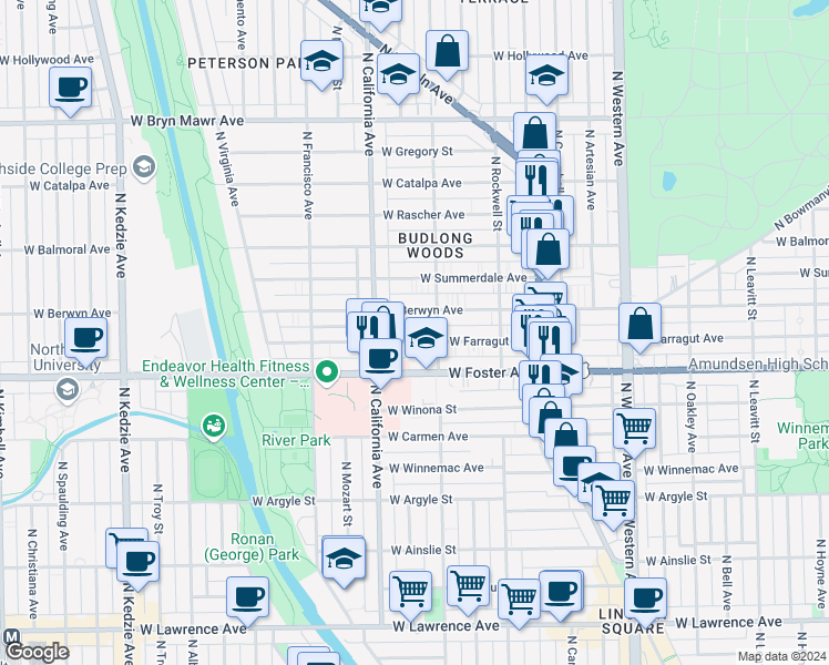 map of restaurants, bars, coffee shops, grocery stores, and more near 2723 West Berwyn Avenue in Chicago
