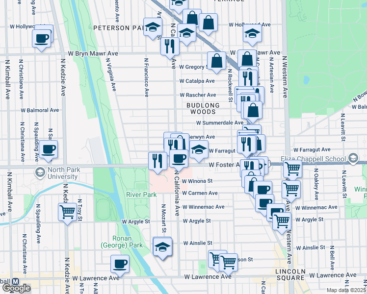 map of restaurants, bars, coffee shops, grocery stores, and more near in Chicago