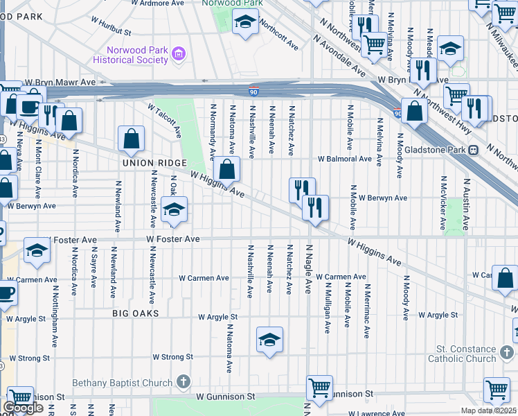 map of restaurants, bars, coffee shops, grocery stores, and more near 6506 West Higgins Avenue in Chicago