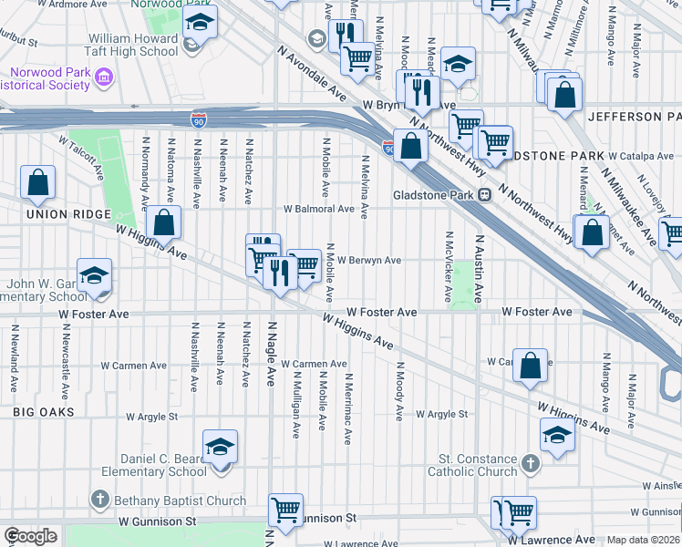 map of restaurants, bars, coffee shops, grocery stores, and more near 5245 North Mobile Avenue in Chicago