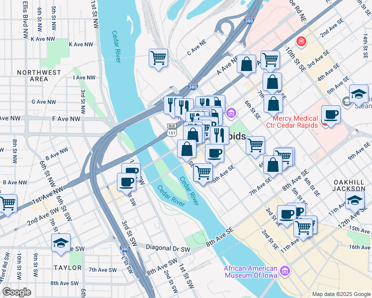 map of restaurants, bars, coffee shops, grocery stores, and more near 119 2nd Avenue Southeast in Cedar Rapids
