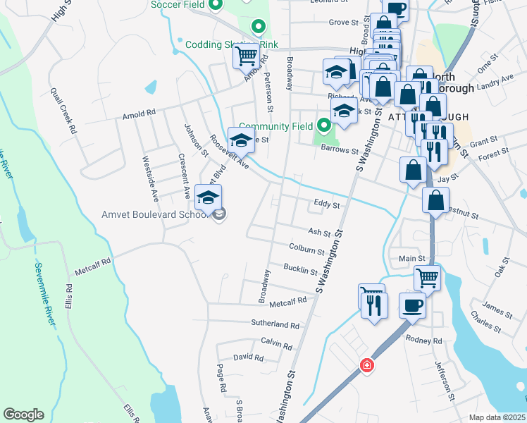 map of restaurants, bars, coffee shops, grocery stores, and more near 80 Broadway in North Attleborough