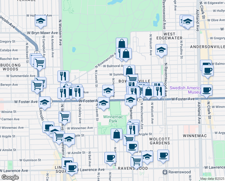 map of restaurants, bars, coffee shops, grocery stores, and more near 2104 West Farragut Avenue in Chicago