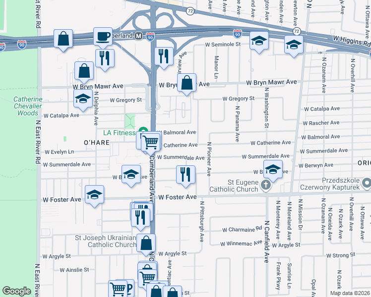 map of restaurants, bars, coffee shops, grocery stores, and more near 8251 West Catherine Avenue in Chicago