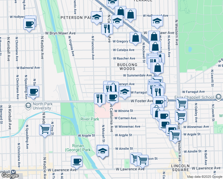 map of restaurants, bars, coffee shops, grocery stores, and more near 5247 North California Avenue in Chicago