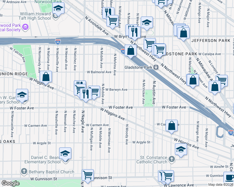 map of restaurants, bars, coffee shops, grocery stores, and more near 5301 North Melvina Avenue in Chicago