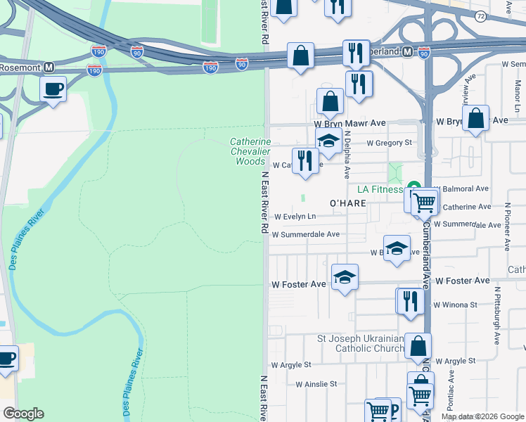 map of restaurants, bars, coffee shops, grocery stores, and more near 5357 North East River Road in Chicago