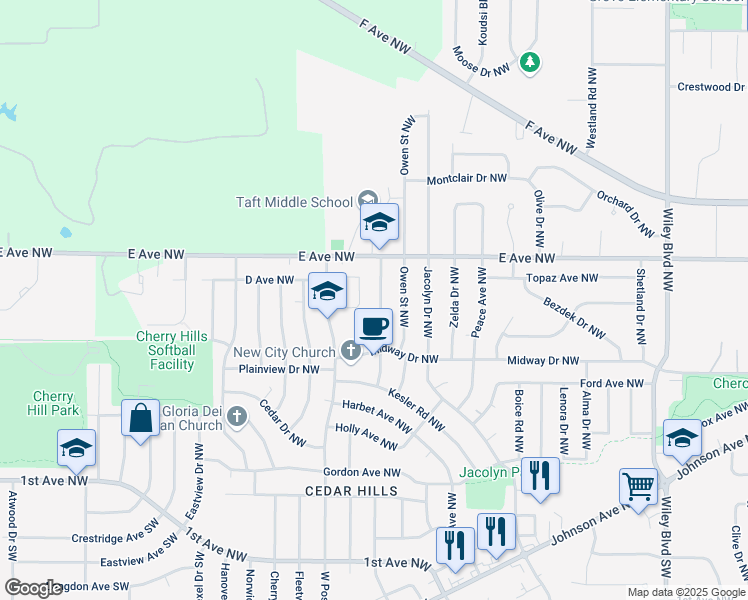 map of restaurants, bars, coffee shops, grocery stores, and more near 452 Lewellen Dr NW in Cedar Rapids