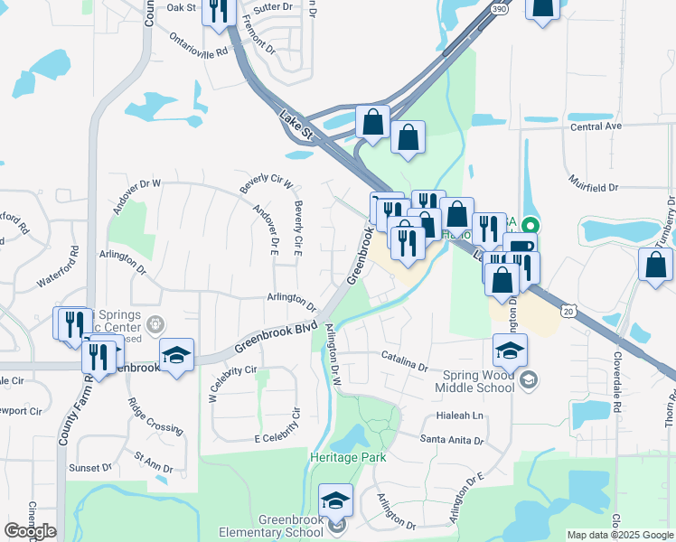 map of restaurants, bars, coffee shops, grocery stores, and more near 5775 Madrid Court in Hanover Park