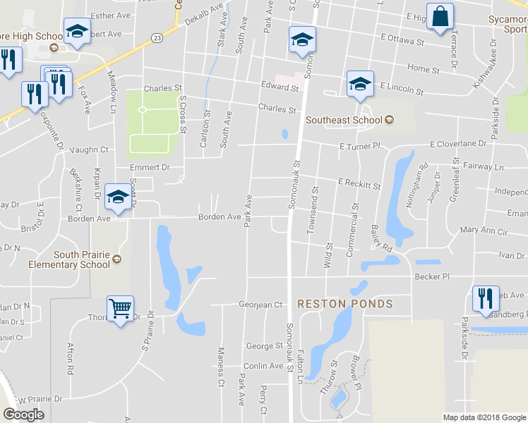 map of restaurants, bars, coffee shops, grocery stores, and more near 343 Borden Avenue in Sycamore