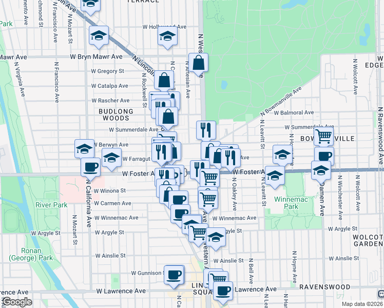 map of restaurants, bars, coffee shops, grocery stores, and more near 2412 West Farragut Avenue in Chicago
