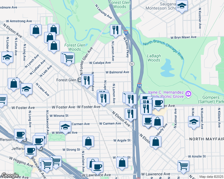 map of restaurants, bars, coffee shops, grocery stores, and more near 4917 West Berwyn Avenue in Chicago