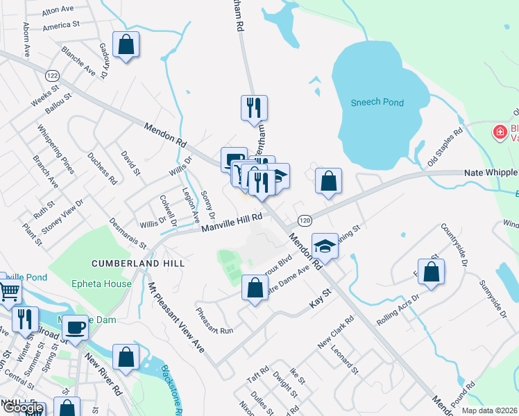 map of restaurants, bars, coffee shops, grocery stores, and more near 3400 Rhode Island 122 in Cumberland