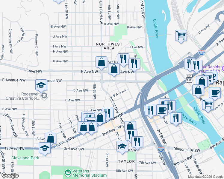 map of restaurants, bars, coffee shops, grocery stores, and more near 513 C Avenue Northwest in Cedar Rapids