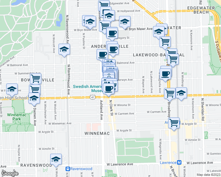 map of restaurants, bars, coffee shops, grocery stores, and more near North Clark Street & West Farragut Avenue in Chicago