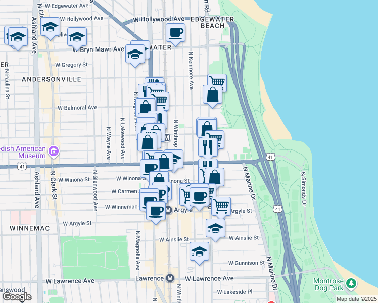 map of restaurants, bars, coffee shops, grocery stores, and more near 5236 North Kenmore Avenue in Chicago