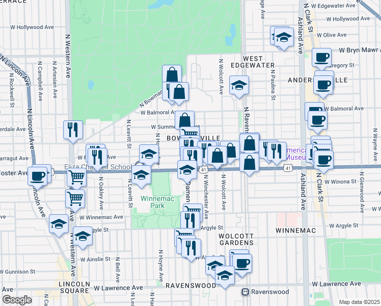 map of restaurants, bars, coffee shops, grocery stores, and more near in Chicago