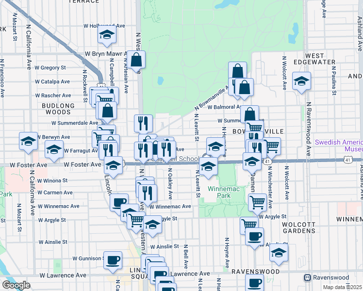 map of restaurants, bars, coffee shops, grocery stores, and more near 2225 West Berwyn Avenue in Chicago