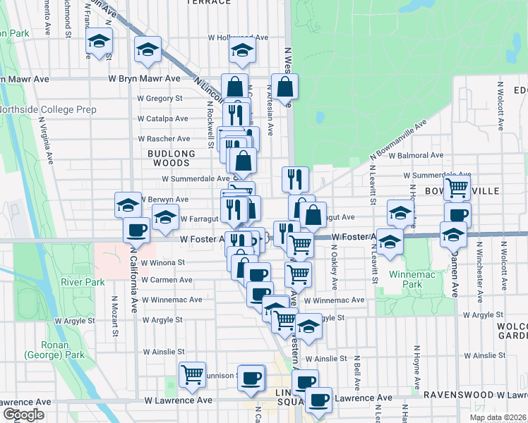 map of restaurants, bars, coffee shops, grocery stores, and more near 5252 North Campbell Avenue in Chicago
