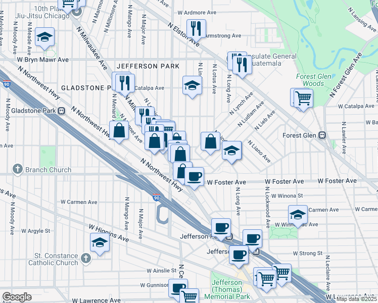map of restaurants, bars, coffee shops, grocery stores, and more near 5300 North Lynch Avenue in Chicago