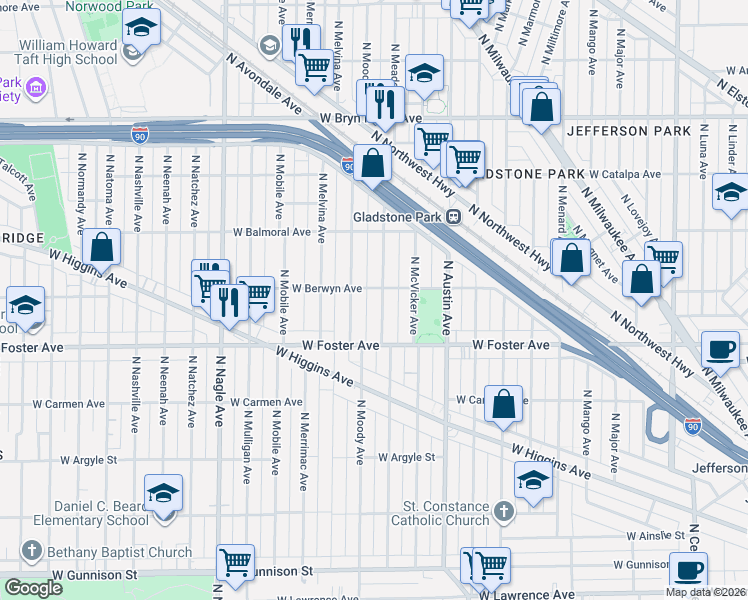 map of restaurants, bars, coffee shops, grocery stores, and more near 5300 North Meade Avenue in Chicago