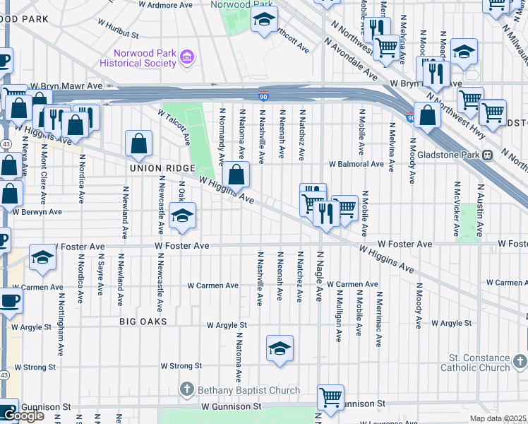 map of restaurants, bars, coffee shops, grocery stores, and more near 6549 West Higgins Avenue in Chicago