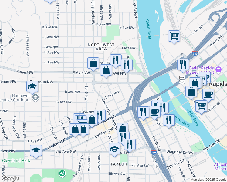 map of restaurants, bars, coffee shops, grocery stores, and more near 312 4th Street Northwest in Cedar Rapids