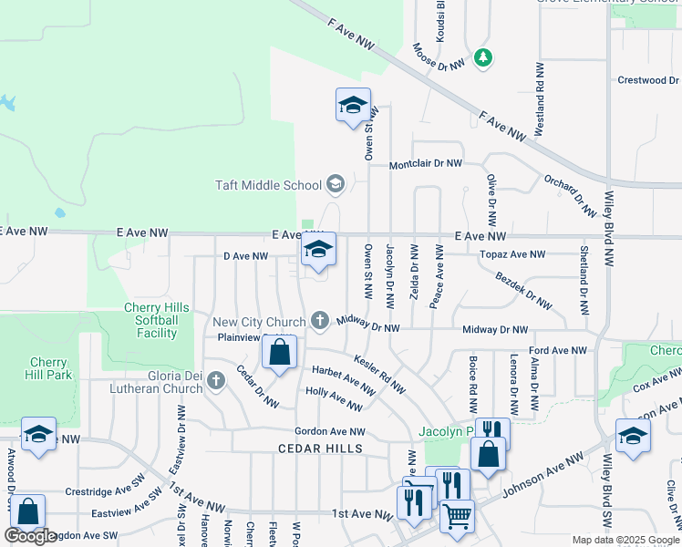map of restaurants, bars, coffee shops, grocery stores, and more near 452 Lewellen Dr NW in Cedar Rapids