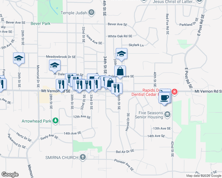 map of restaurants, bars, coffee shops, grocery stores, and more near 723 35th Street Southeast in Cedar Rapids