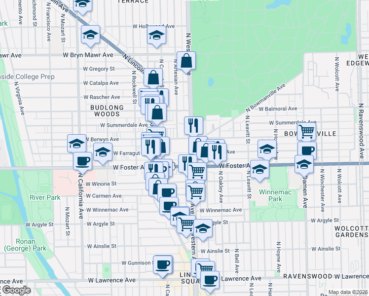 map of restaurants, bars, coffee shops, grocery stores, and more near 2411 West Berwyn Avenue in Chicago