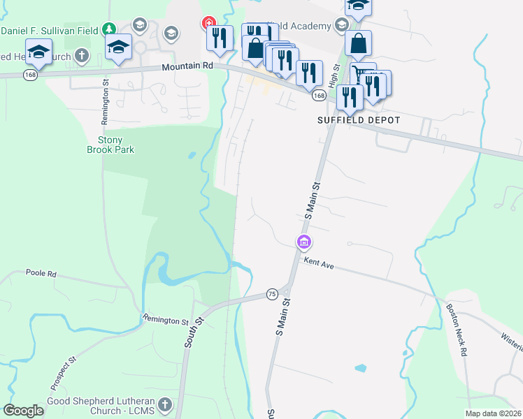map of restaurants, bars, coffee shops, grocery stores, and more near 32 Willow Creek Avenue in Suffield