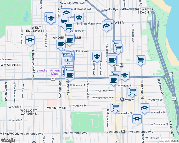 map of restaurants, bars, coffee shops, grocery stores, and more near 5241 North Glenwood Avenue in Chicago