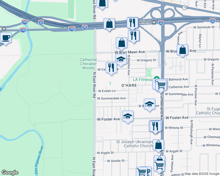 map of restaurants, bars, coffee shops, grocery stores, and more near 8700 West Evelyn Lane in Chicago