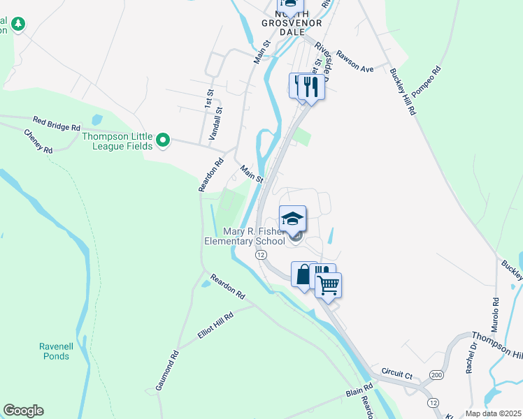 map of restaurants, bars, coffee shops, grocery stores, and more near 785 Riverside Drive in Thompson