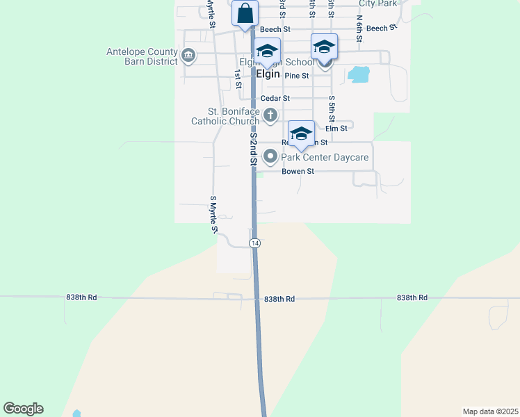 map of restaurants, bars, coffee shops, grocery stores, and more near 200 South Street in Elgin