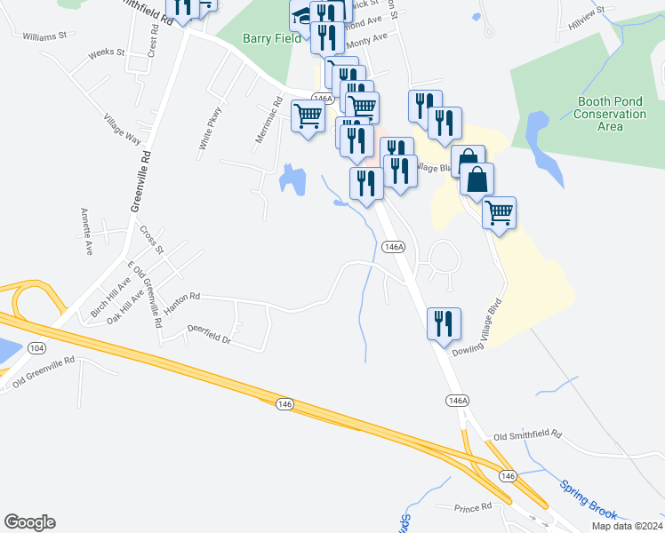 map of restaurants, bars, coffee shops, grocery stores, and more near 95 Hanton Road in North Smithfield