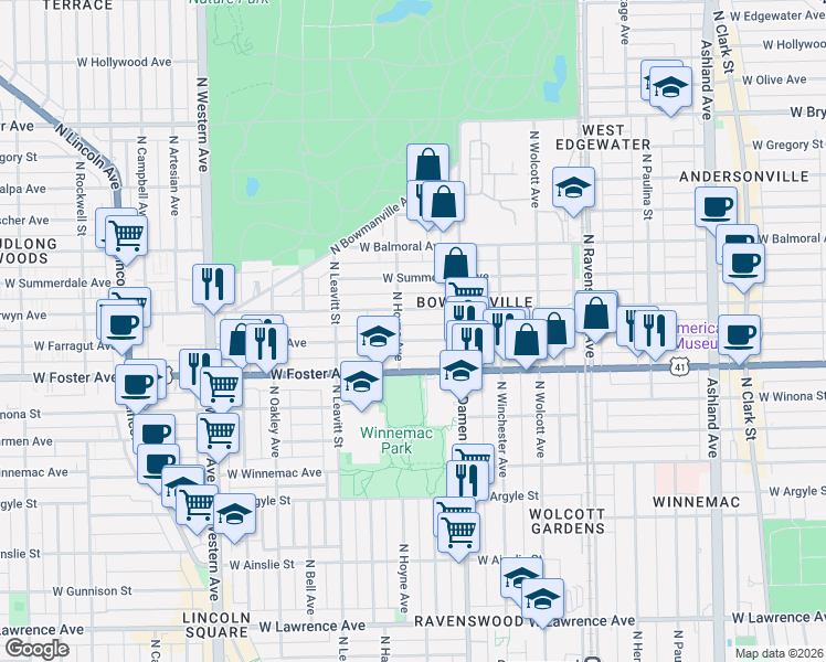 map of restaurants, bars, coffee shops, grocery stores, and more near 2037 West Berwyn Avenue in Chicago