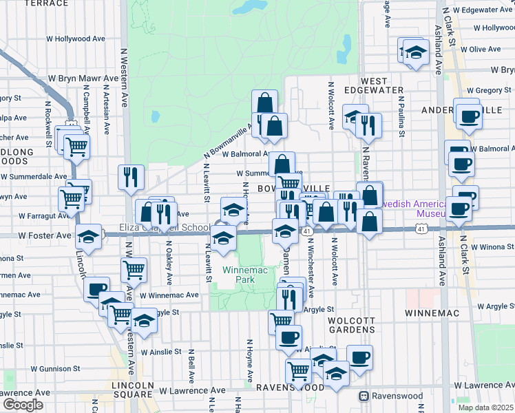 map of restaurants, bars, coffee shops, grocery stores, and more near 2042 West Farragut Avenue in Chicago