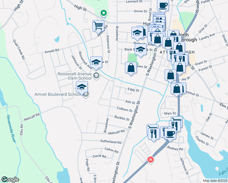 map of restaurants, bars, coffee shops, grocery stores, and more near 131 Broadway in North Attleborough