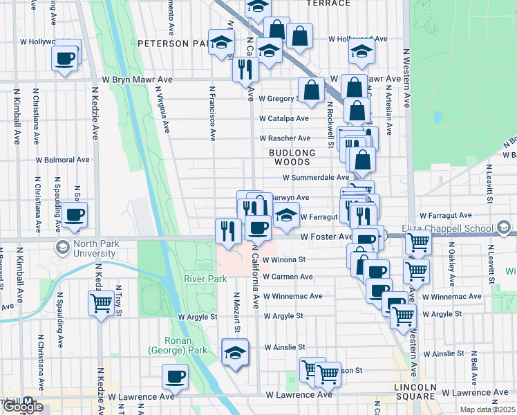 map of restaurants, bars, coffee shops, grocery stores, and more near 5247 North California Avenue in Chicago