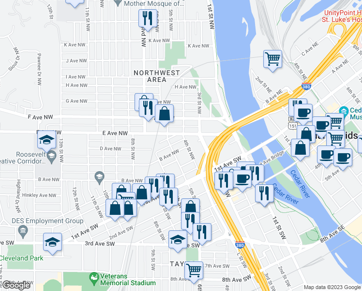 map of restaurants, bars, coffee shops, grocery stores, and more near 408 B Avenue Northwest in Cedar Rapids