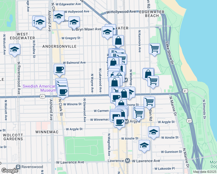 map of restaurants, bars, coffee shops, grocery stores, and more near 5238 North Magnolia Avenue in Chicago