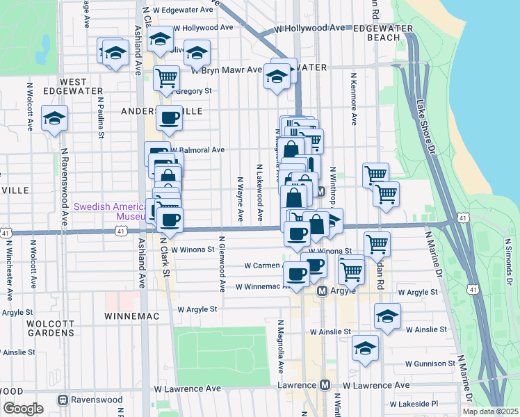 map of restaurants, bars, coffee shops, grocery stores, and more near 5243 North Wayne Avenue in Chicago