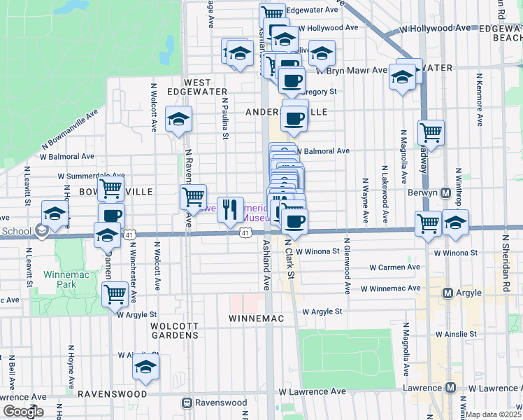 map of restaurants, bars, coffee shops, grocery stores, and more near 1616 West Farragut Avenue in Chicago