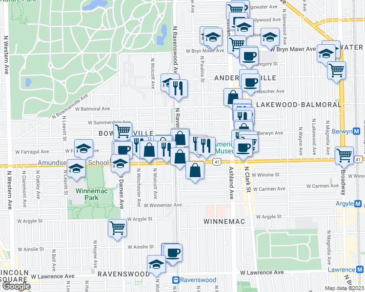 map of restaurants, bars, coffee shops, grocery stores, and more near 1733 West Berwyn Avenue in Chicago